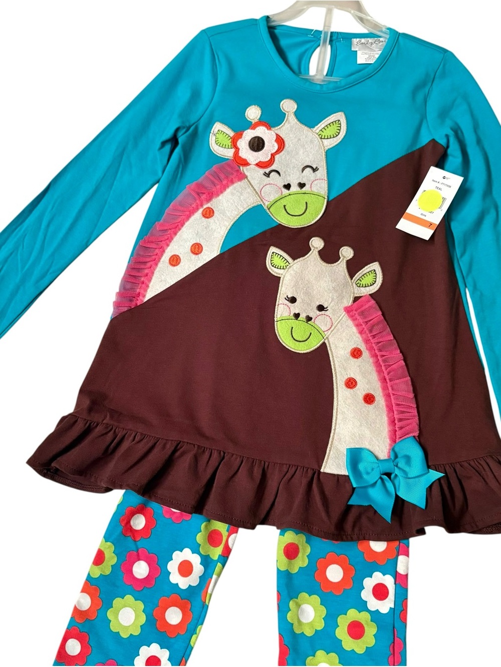 NWT Emily Rose Girls Sz 7 Teal Giraffe Appliqué Tunic Top & Floral Leggings Set
